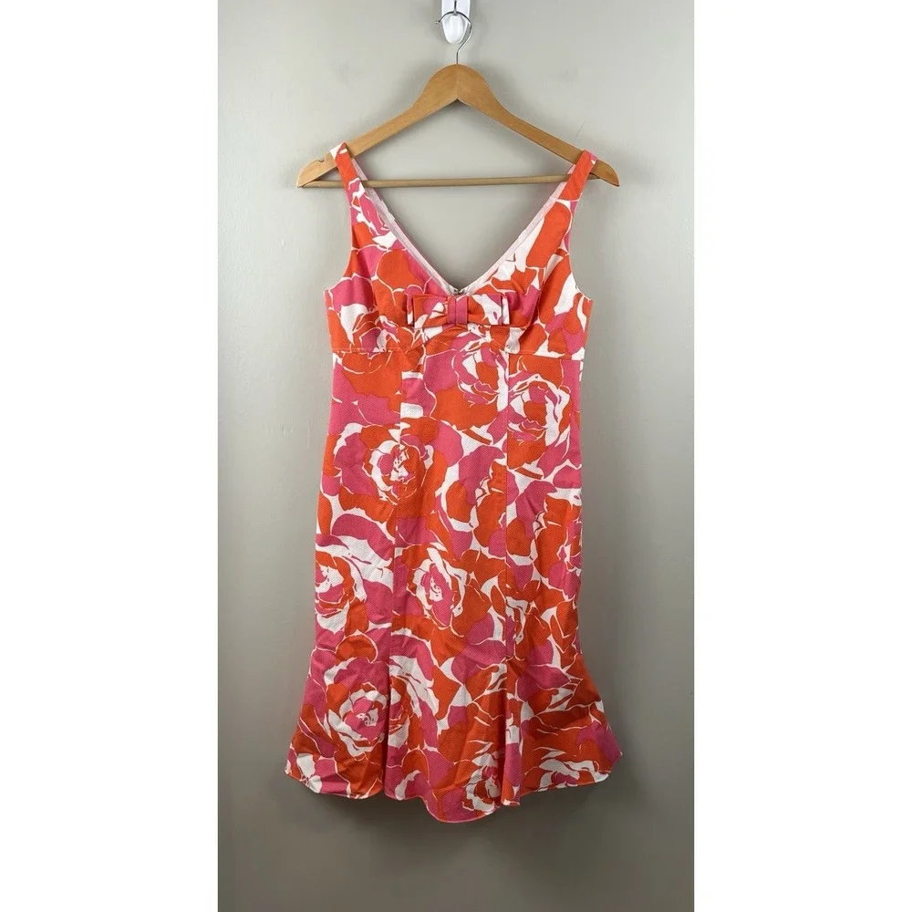 Teri Jon For Rickie Freeman Floral Cotton Woven‎ V Neck Knee Length Dress Sz 6